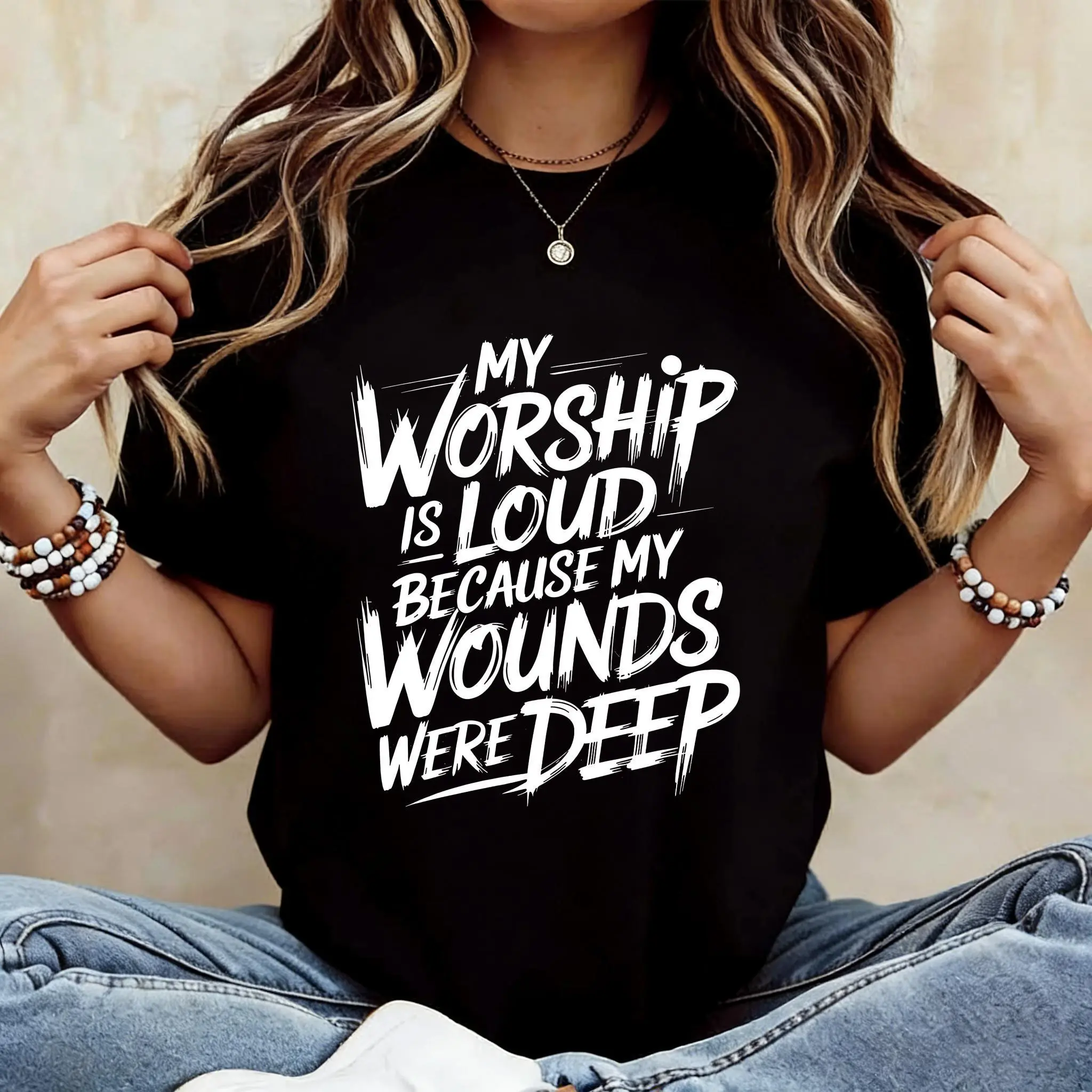 100% Cotton My Worship Is Loud Because My Wounds Were Deep Unisex Washed Christian Shirt, Christian Scripture T-Shirt, Vintage Retro Washed Shirt Double Sided Printed