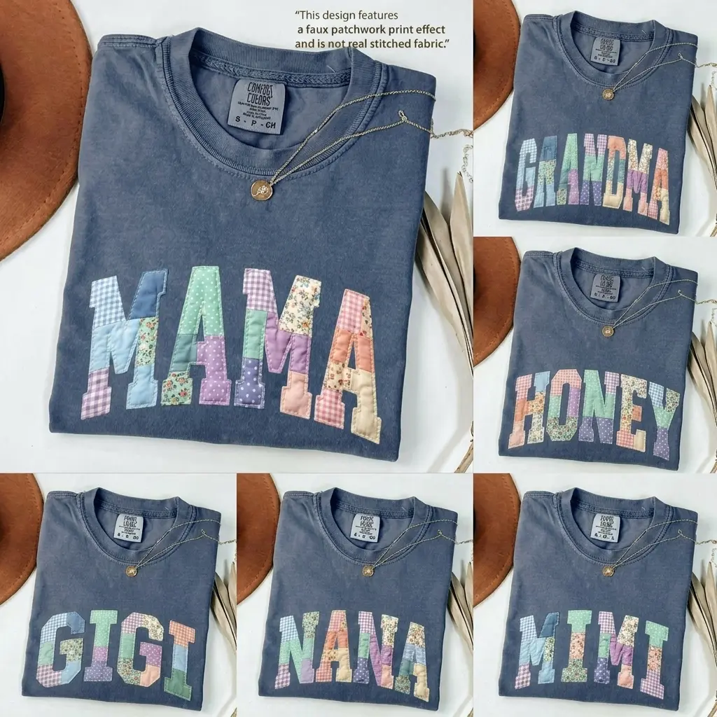Comfort Colors Custom Faux Patchwork Mama T-Shirt, Personalized Grandma Nana Mimi Gigi Shirt, Cottagecore Aesthetic Gift for Women, Mothers Day Gift for Women, Family Name Shirt, Casual Everyday Wear, Denim Color - AL