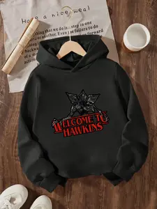 New Spring And Autumn Children's Clothing, Boys And Girls' Creative Hooded Sweatshirts, Stranger Things "Welcome To Hawkins" Demogorgon Monster Print T-Shirt, Trendy, Casual, Fashionable, Unique Daily Wear That Suits Any Occasion, Ideal Gift Choice