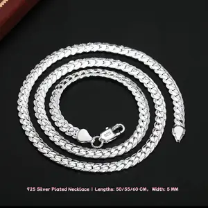 925 Silver Plated Herringbone Chain Necklace | 5MM Width, 19.69"/21.65"/23.62" Lengths, Tarnish-Resistant Hypoallergenic Flat Snake Chain, Unisex Everyday Jewelry Gift