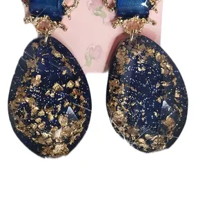 Crystal Glittering Blue Earrings with Gold Leaf Accents and Sparkling Design for Elegant Looks