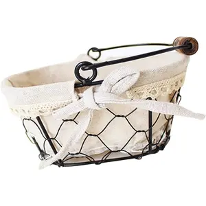 Wire Basket with Folding Wooden Handle and Liner Cloth Organizer (Oval)