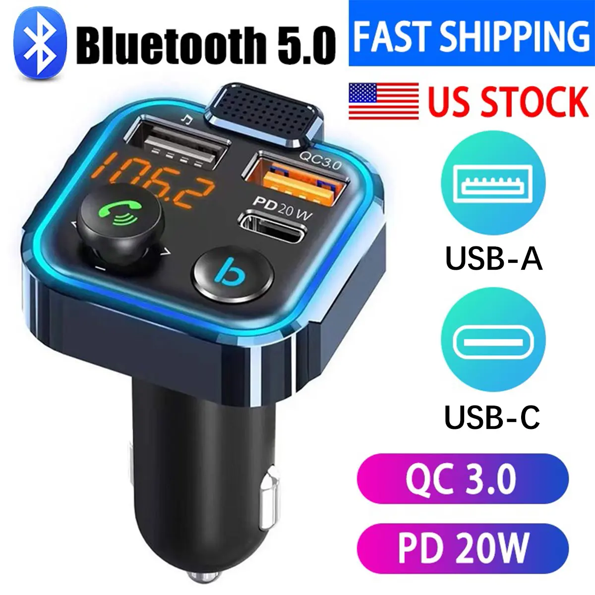 PD 20W Type-C Bluetooth 5.3 FM Transmitter Car Charger with Ambient Lighting, LED Display, HD Bluetooth, Dual USB Ports, Bass Enhancer, RGB Glow, Hands-Free Calls, 12V-24V Bluetooth Car Adapter, Road Trip Essentials