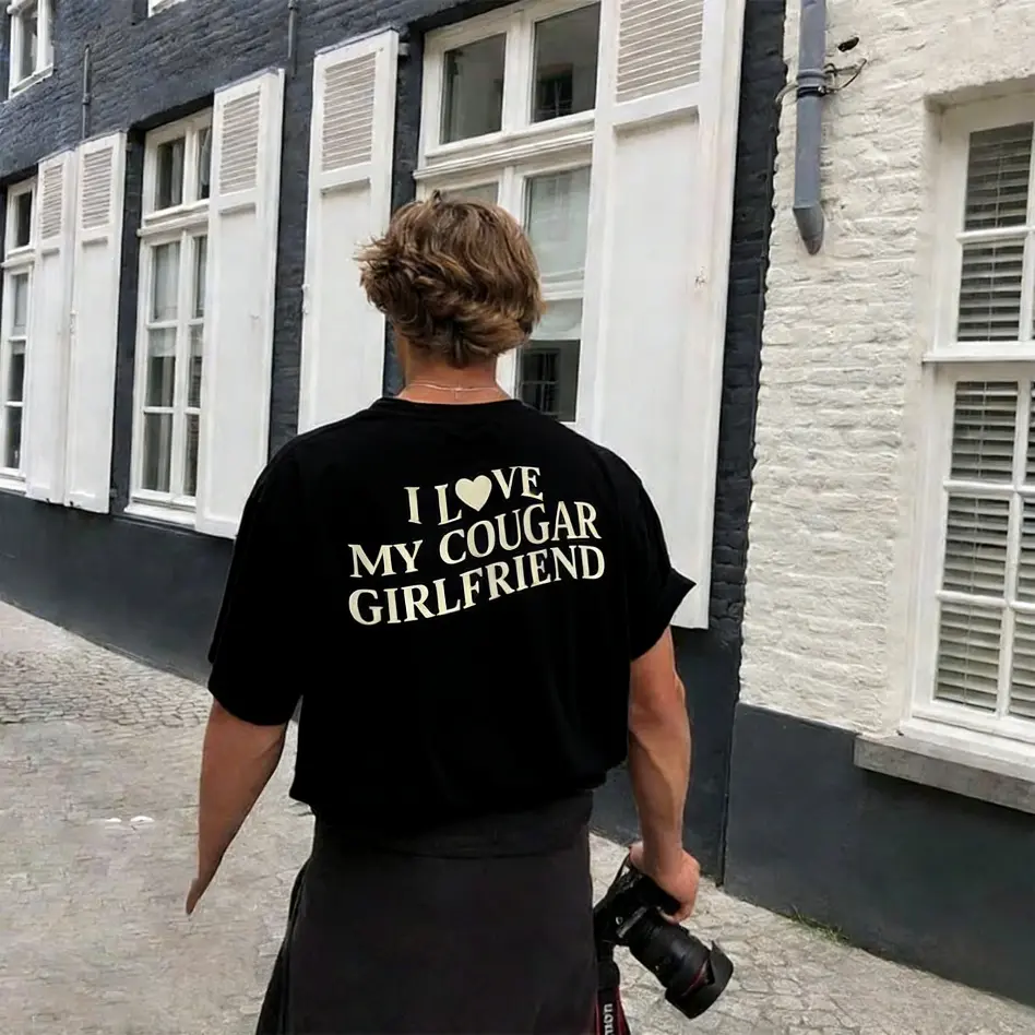Men's Casual Graphic Tee, "I Love My Cougar Girlfriend" Cotton Blend T-Shirt, Athletic Shortsleeve Top for Boyfriend, Valentine's Day Gift, Custom Graphic Tee, Tshirt, Gifts For Boyfriend, Valentines Day, Fitted, 50/50 Cotton Poly, 2Xl