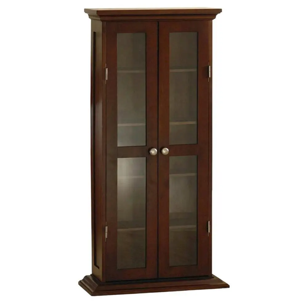 Wood Frame Media Storage Cabinet with Glass Doors and 4 Adjustable Shelves