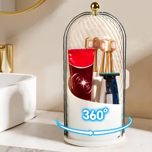 3 Slots Toothbrush Holders with Lid, Rotating Concealed Tooth Brush Holders for Bathroom, Countertop Toothbrush Holder with Cover, Toothpaste Holder for Bathrooms, Makeup Brush Holder(White)