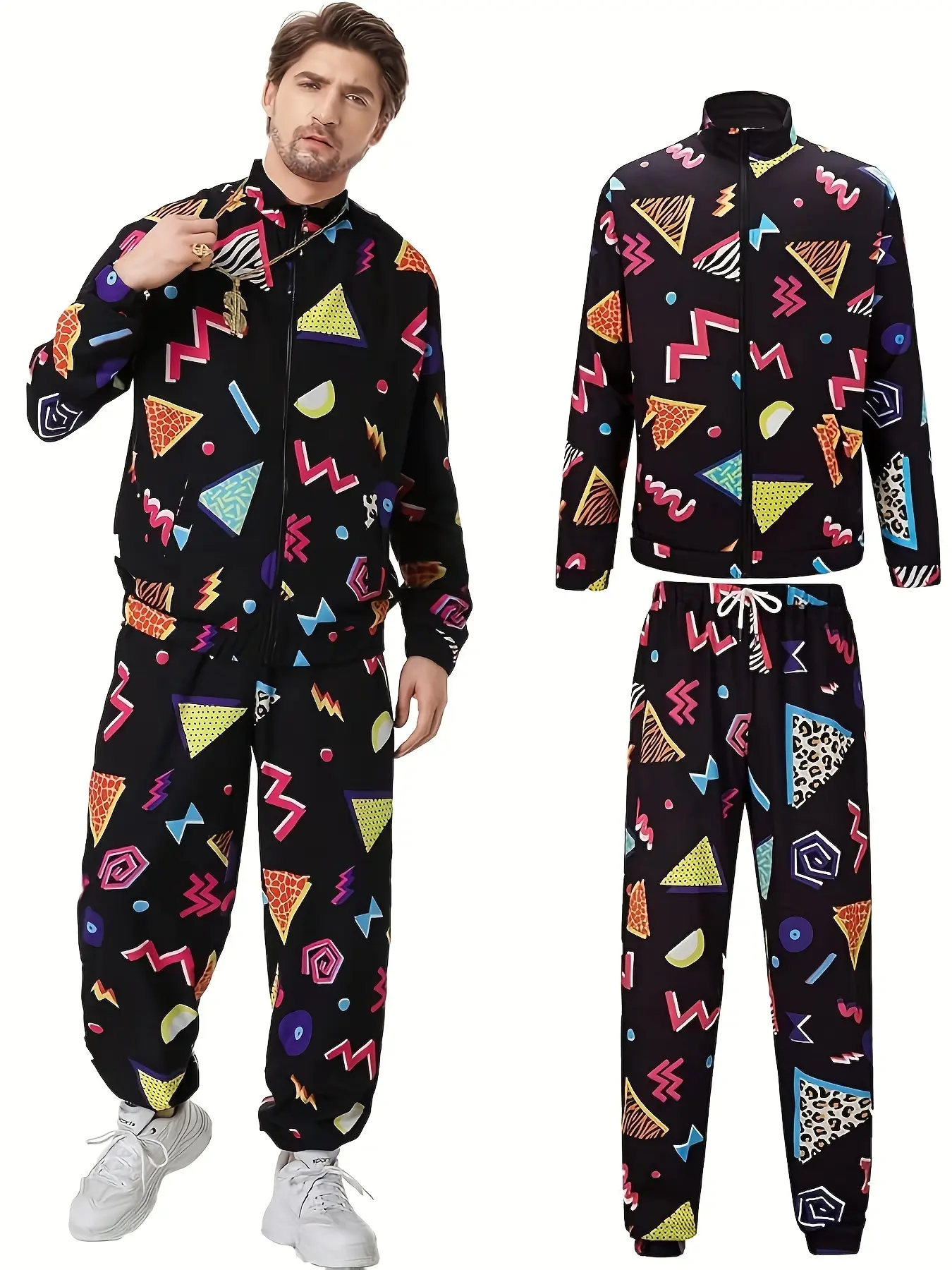 Men's 80s Vibe Polyester Printed 2-Piece Matching Tracksuit - S Size, Casual Jacket-Included, Colorful Disco Halloween Party Stage Costume (No Hat), Clothes, Fabric, Menswear, Geometric, Retro, Elastic, Long Sleeve
