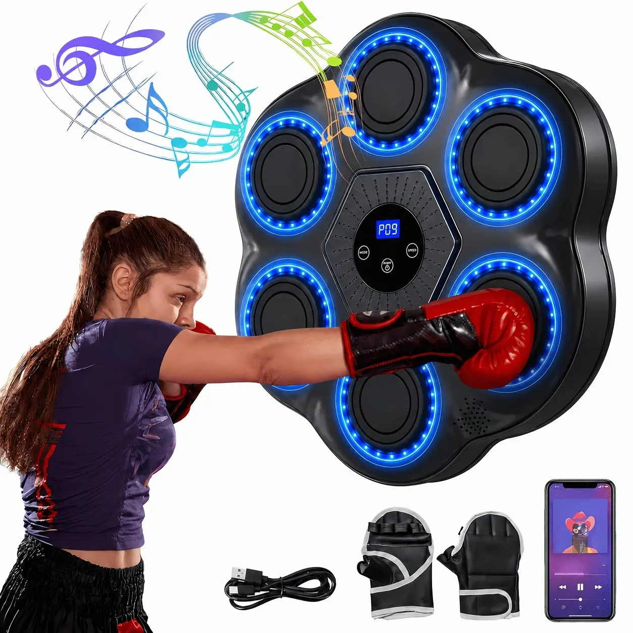 Wireless Boxing Machine, Wall-Mounted Punch Trainer with 12-Speed Adjustable Counter & LED Lights, Compatible for Home Exercise Equipment, Suitable for Home Gym Training, Free Gloves Included, Wireless Music.