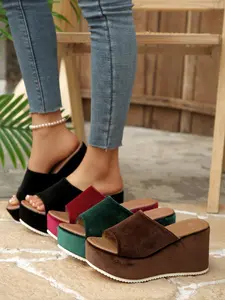 Trendy Velvet Wedge Heels Sandals, Multi-Color Thick Sole High Heel Slippers, Women's Summer Vacation Casual Shoes, Indoor Outdoor Wear, Blogger Recommended, Luxury Style