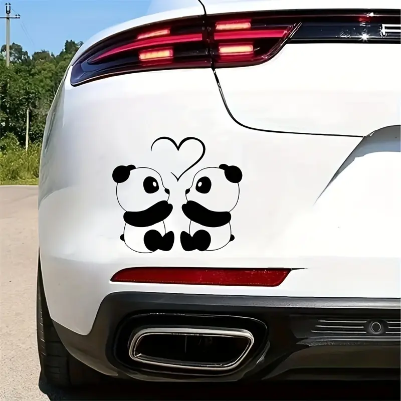 1PC Cool Cute Panda Couple Heart-Making Logo Sticker For Stationery, Carry Bags, Personal Small Items Decor With Soft Healing Texture Convey Love For Pet Romantic Minimalist Style Universal Car Sticker, Car Accessories Cute