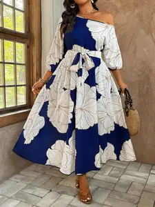 Elegant Multicolor Floral Pattern Off-Shoulder Plus Size Dress, Casual Wear, European & American Fashion, Stylish Women's Clothing, Womenswear