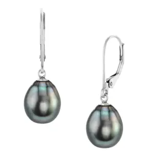 THE PEARL SOURCE Tahitian Real Pearl Earrings for Women - 14k Gold Leverback Earrings | Hypoallergenic Earrings with Genuine Drop Shape Tahitian Cultured Pearls, 8-9mm