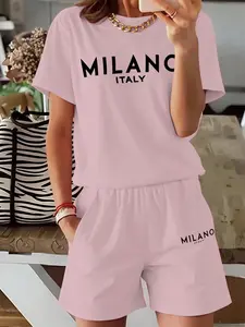 Women's New Summer Loose Casual College Style Lightweight Two-Piece Set, Outfit, Letter Print, Perfect for Leisure Outings and Daily Wear