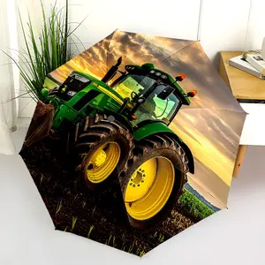 1 PC Automatic Folding Umbrella - John Deere Tractor Sunset Farming Pattern, Portable & Foldable Design with 8 Ribs, Merry Christmas Pattern,Casual Outdoor Accessory Halloween and Christmas Birthday Gifts. G0044