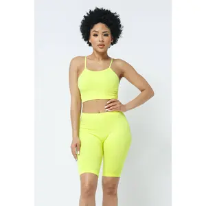 Neon Lime Seamless Crop Top and Biker Short Set for Women Gym and Everyday Activewear