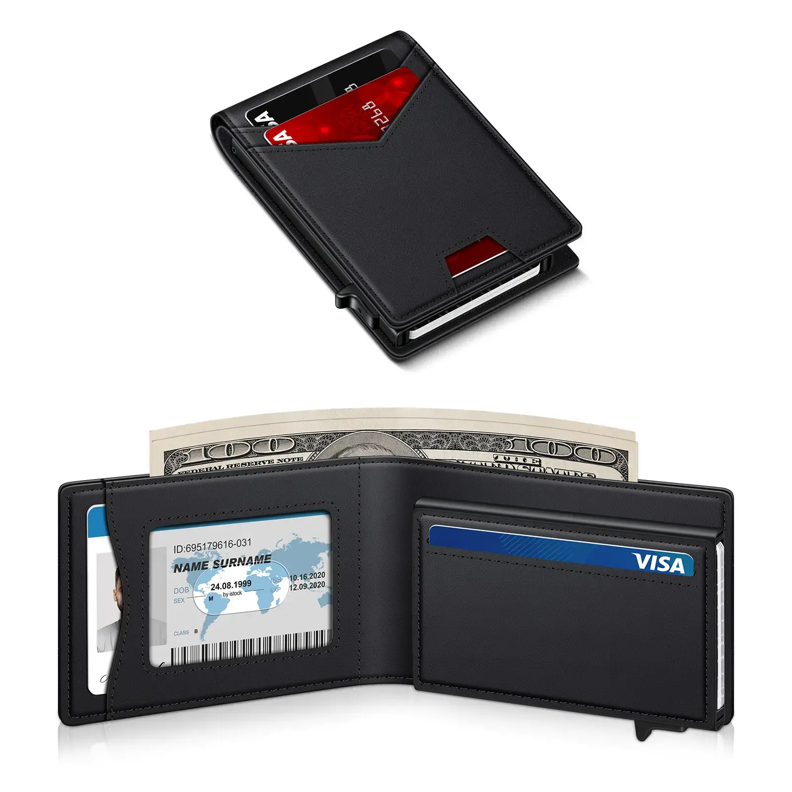 Men's RFID Minimalist Bifold Wallet - Bifold Card Holder Pop Up Wallet Metal Case with Cash Slot, Front Pocket with ID Window
