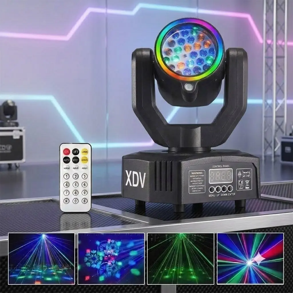 XDV 3-in-1 Mini Moving Head Bee Eye Stage Light - 32W High-Bright Club Light with Green Laser, Color Changing Geometric Effects, Halo Ring, Alloy Heat Core, Sound-Synced Glow for Halloween Disco Decor