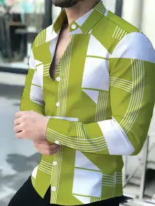 Men's Green Spliced Striped Long Sleeve Shirt, Business Casual Slim Fit, Trendy Plaid Design Men's Top