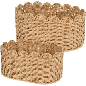 2 count Scalloped Basket Set - Hand-Woven Rattan Baskets Decorative Wicker Organizer Box with Scalloped Edge for Living Room, Bedroom, Laundry, Nursey Storage (15.7" x 6.9" x 9.5" and 13.8" x 6" x 7.9")