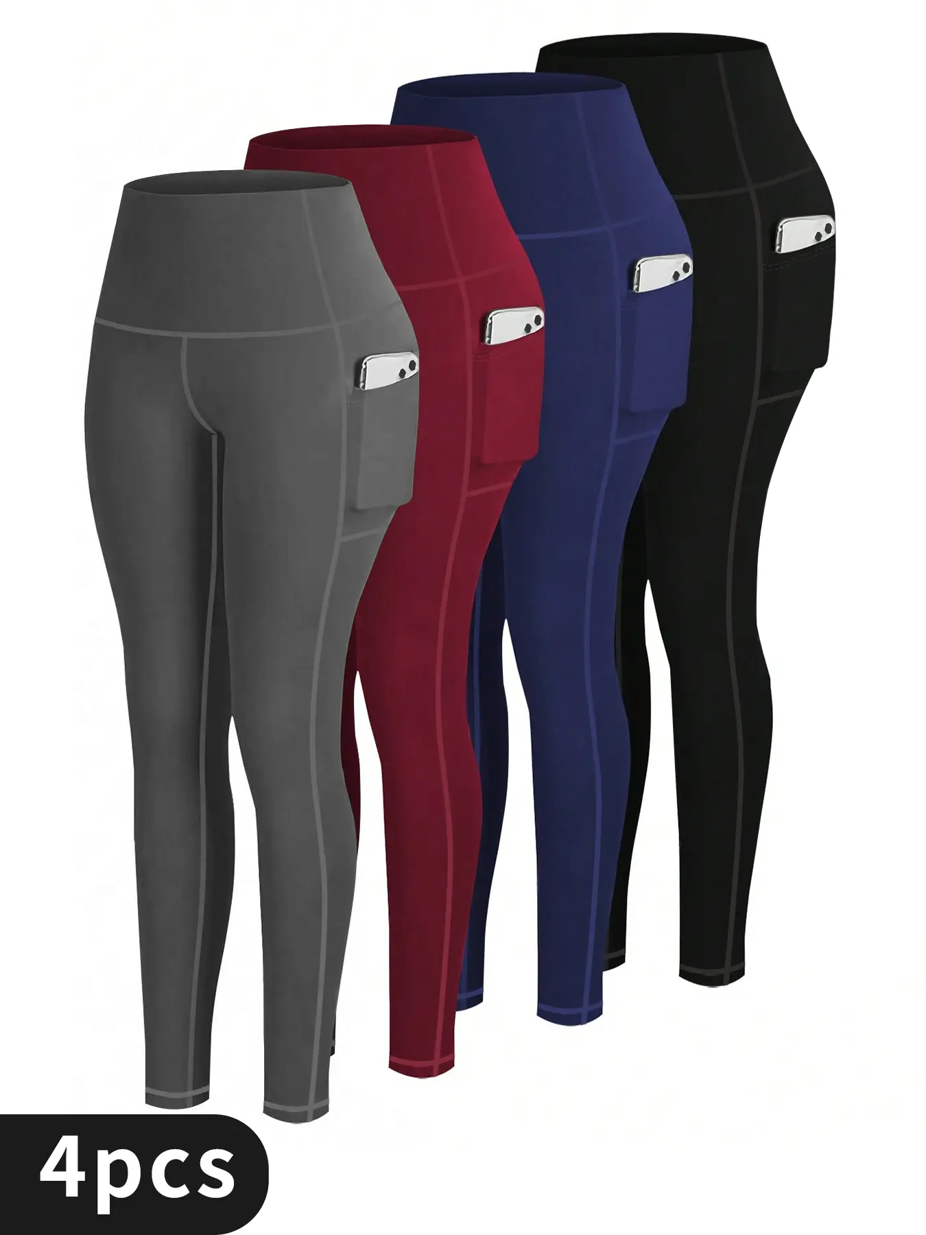 4-Pack High-Stretch Plus size yoga pants Sports Leggings For Women, High-Waisted Cropped Yoga Pants With Pockets, Fitness Running Compression Tights Activewear Bottoms