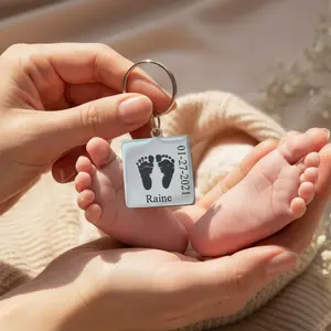 Actual Baby's Hand or Footprint Keychain, Keepsake for New Parent, Father's Day Gift for New Dad, Silver Mirror Finish Custom Photo Engraved Keychain