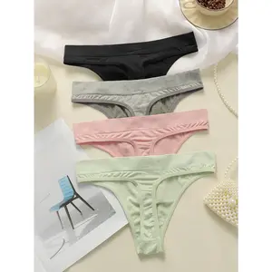 High-Waisted Cotton Control Briefs Set 4PCS Women Comfortable Thong Panties Bragas Mujer Knitted Thong Panties Women's No-Show Seamless