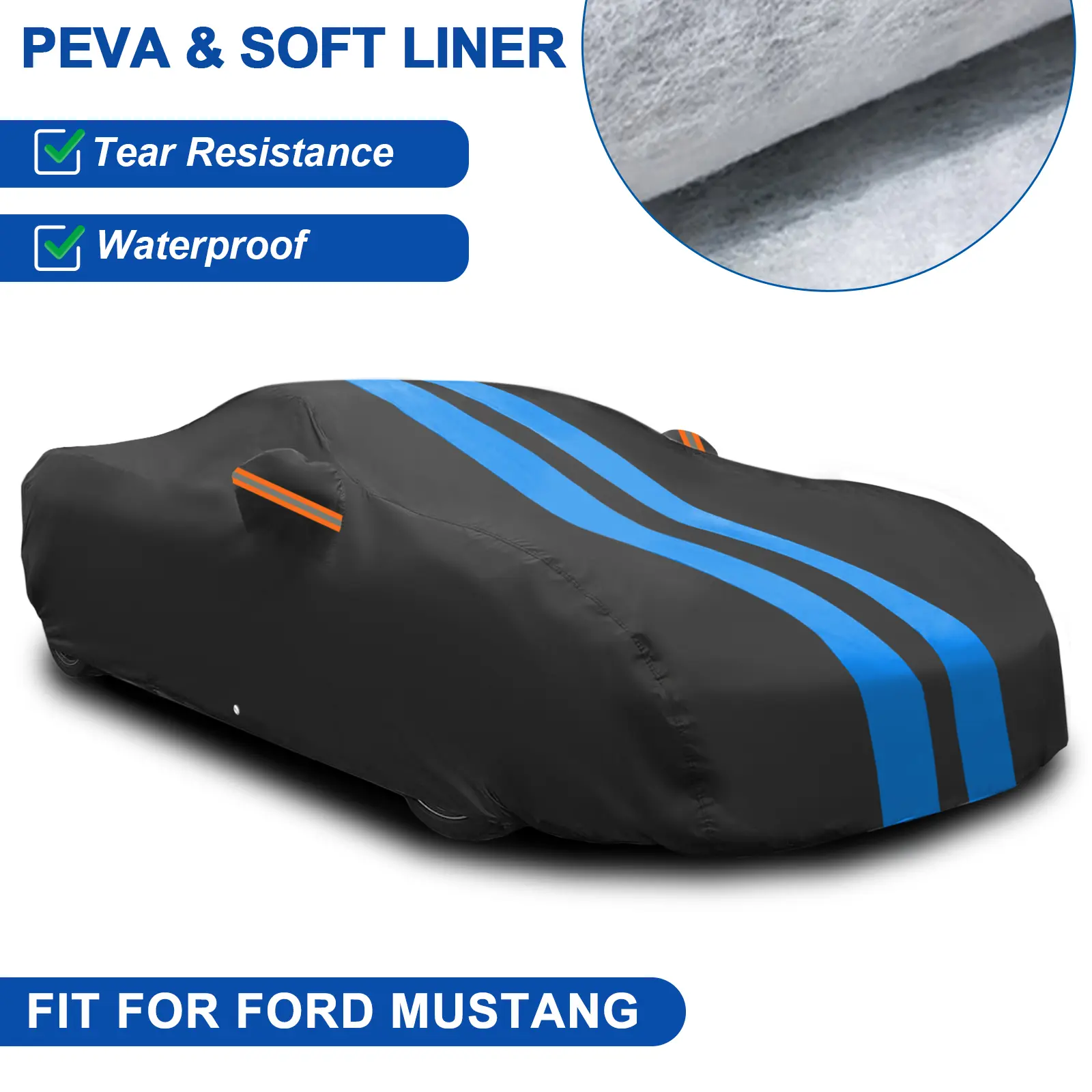 For Ford Mustang 1982-2021 Car Cover Heavy Duty 420D All Weather Waterproof Dust Rain Sun Protection Full Car Cover with Reflective Strips & Storage Bag For Outdoor Parking