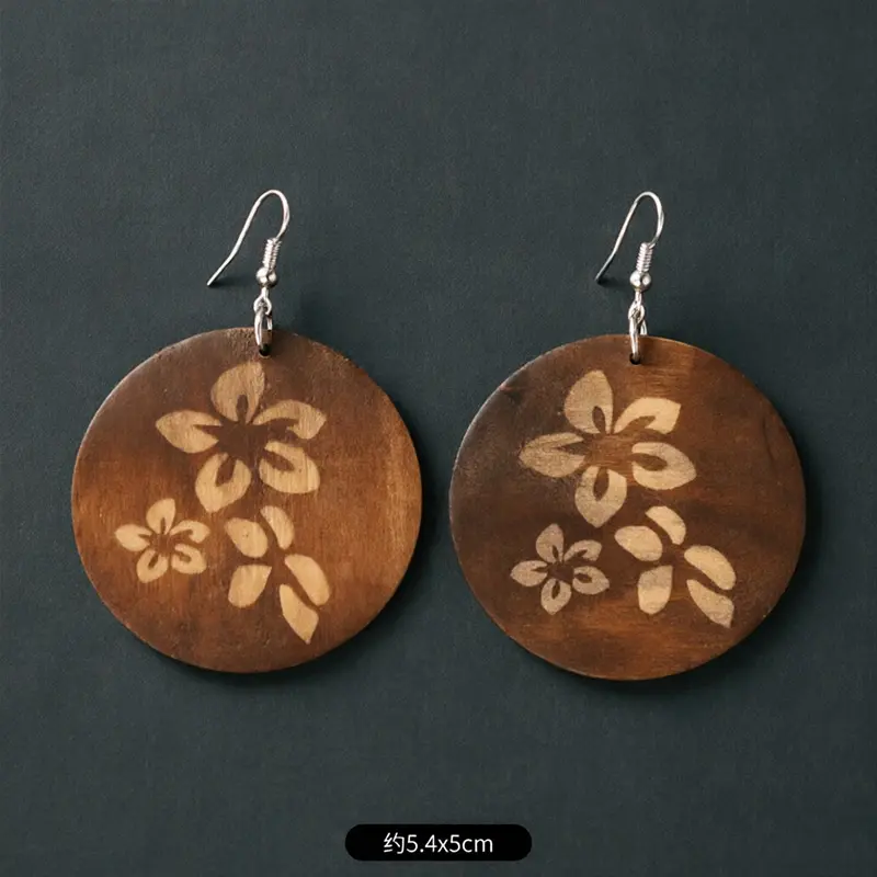 Trendy Vintage Brown Wooden Hollow Flower Geometric Pendant Earrings For Women Aesthetic Charms Jewelry Accessories
