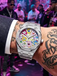Personalized Trendy Hip Hop Men's Quartz Watch, Takashi Murakami Sunflower Creative Fashion Dial, Light Luxury Octagonal Business Appearance, Waterproof Light Luxury Men's Watch, Young Men's Hip Hop Wearing Versatile Trendy Watch