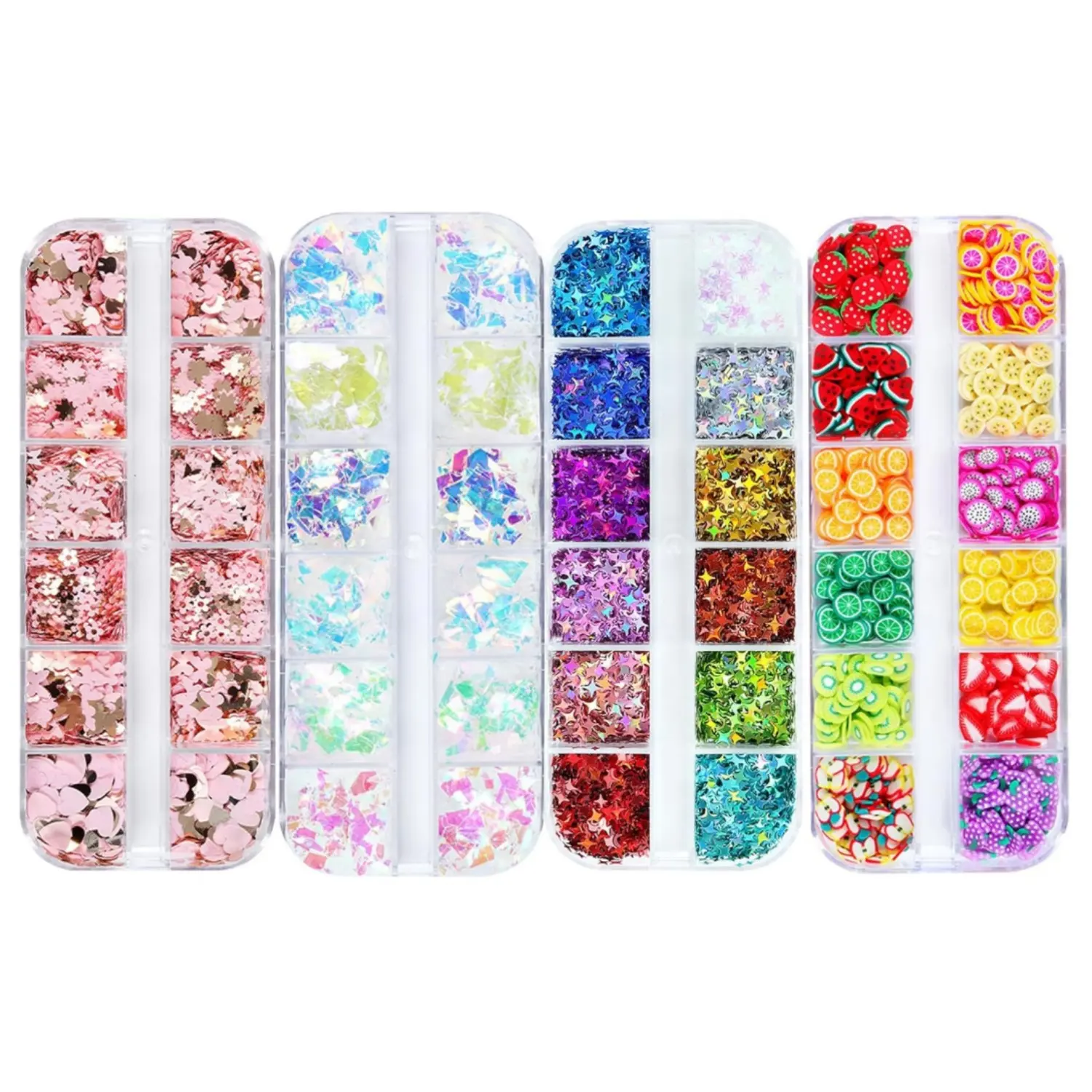 4 Boxes Individually Packaged Bedazzling Glitter Kit - Mixed Shapes Butterfly-Heart-Star Iridescent Holographic Laser Hollow Glitter Flakes, Multi-Use Craft Supplies for Weddings, Fruit Decor, Women's Nail Manicure DIY Home Improvement Building Supplies