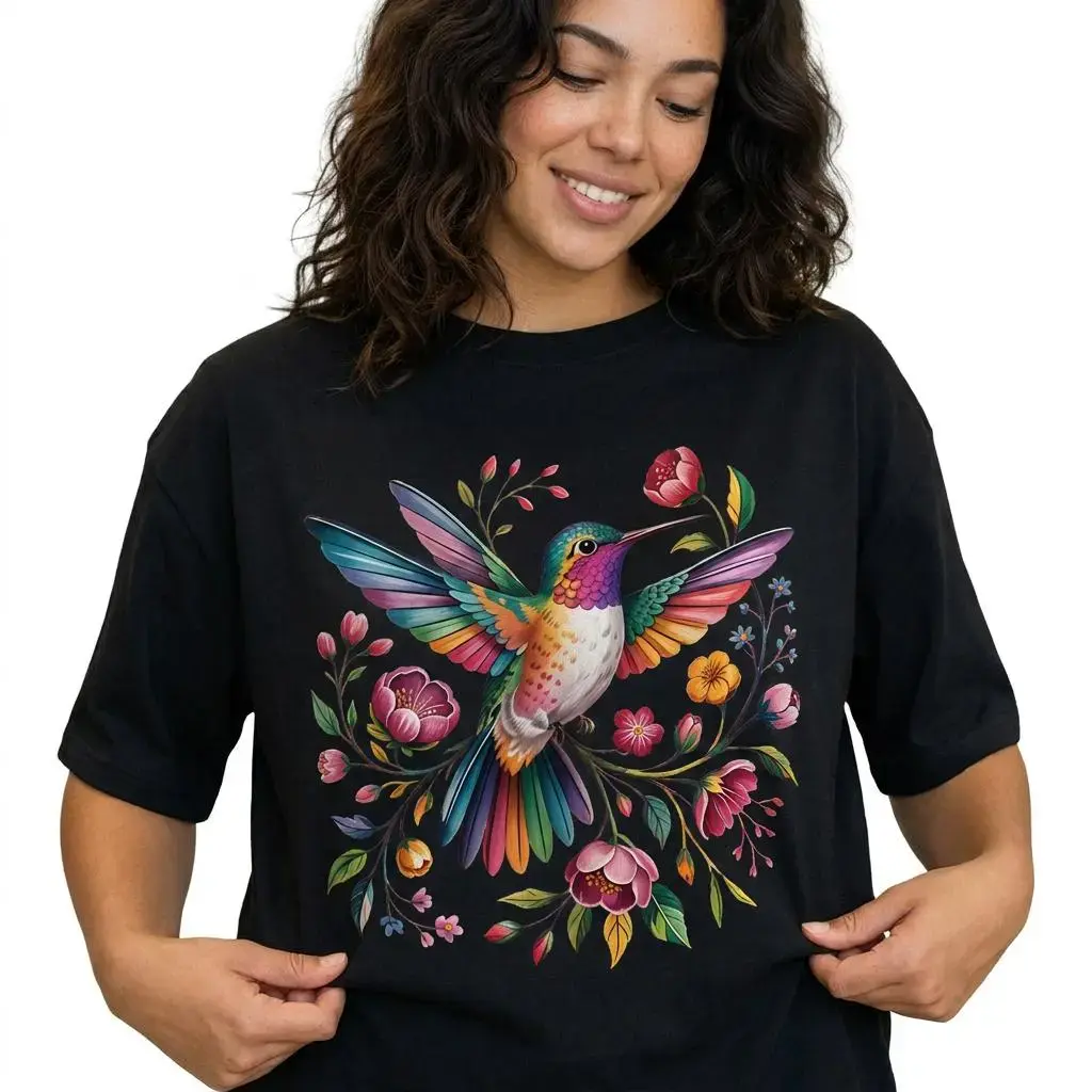Watercolor Hummingbird Floral Graphic Tee Women Botanical Bird Shirt