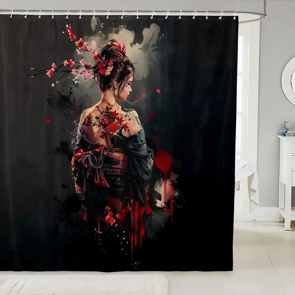 Japanese Geisha Shower Curtain Red Cherry Blossoms Bath Curtain Japanese Ukiyoe Bathroom Shower Curtain Set Waterproof Hokusai Bathroom Accessories
