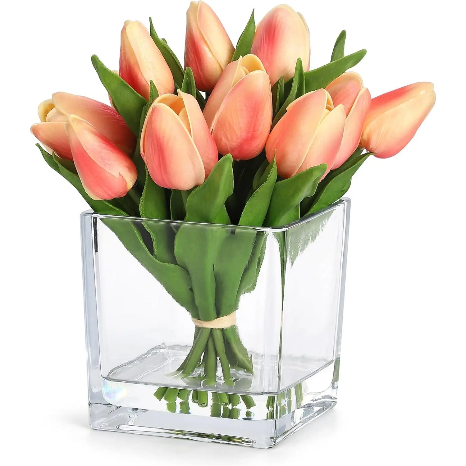 Orange Artificial Tulip Flowers with Vase, 12 Heads PU Mini Real Touch Tulip Bouquets for Home Wedding Party Centerpiece Decoration, Lifelike Faux Flowers
