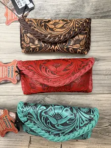 American Darling  Tooled Leather Sunglasses Case with Floral Embroidery and Braided Design