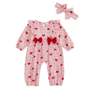 Baby Girl Valentine’s Day Outfits Long Sleeve Heart Dots Print Ruffle Jumpsuit with Headband Set Newborn Clothes