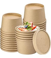 12 oz Kraft Paper Lidded Bowl Set, 50-Pack Leakproof Disposable Biodegradable Containers for Hot/Cold Foods (Disposable Kitchenware Cookware)