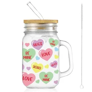 Whaline Valentine's Day Mason Jar Mug with Handle 18oz Conversation Heart Mason Jar Drinking Glasses Colorful Heart Ice Coffee Cups with Lid Straw for Iced Coffee Tea Soda Cocktail