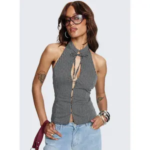 Tiarra Keyhole Sleeveless Top Black Stripe