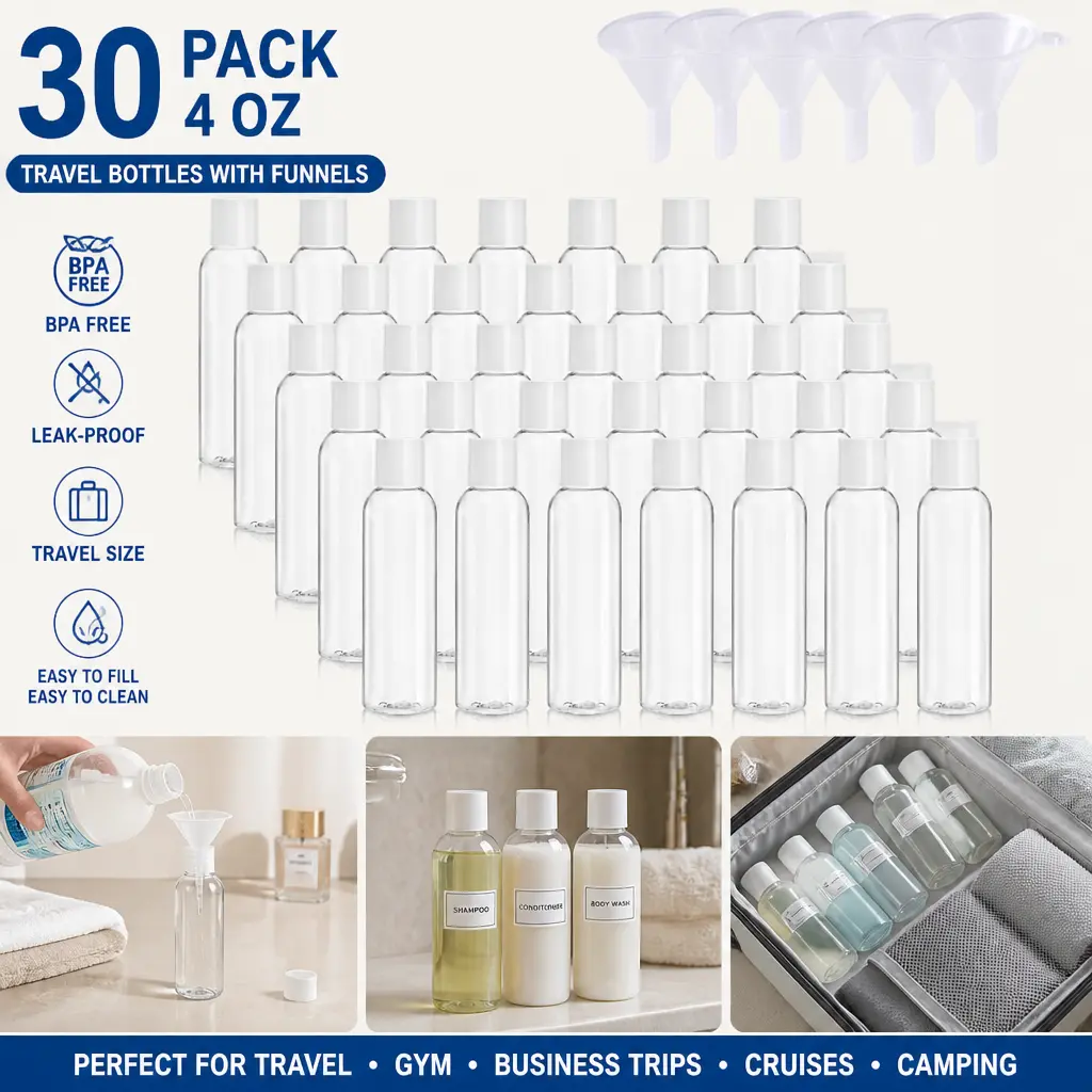 30 Pack 4oz Travel Squeeze Bottles – Empty Plastic Containers with Flip Caps, Clear Refillable TSA Size for Shampoo, Lotion, Soap, Creams – Leakproof & Label Friendly