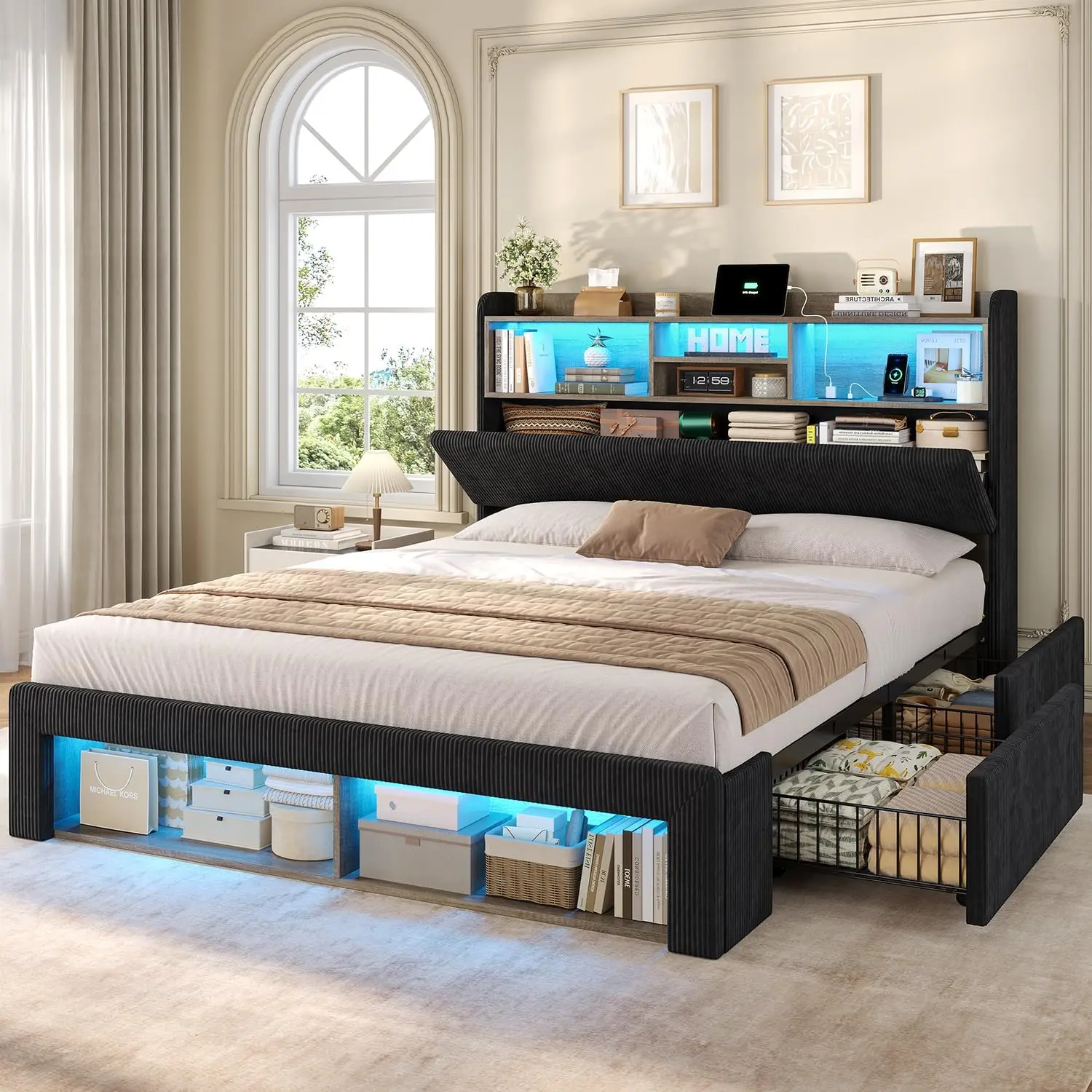 ADORNEVE Queen Size Corduroy Upholstered Bed Frame with Storage Headboard, 4 Storage Drawers, 2 Footboard Cubbies, RGB Lights, Charging Station, No Box Spring Needed, Queen Bed Frame, Bed Frames For Queen