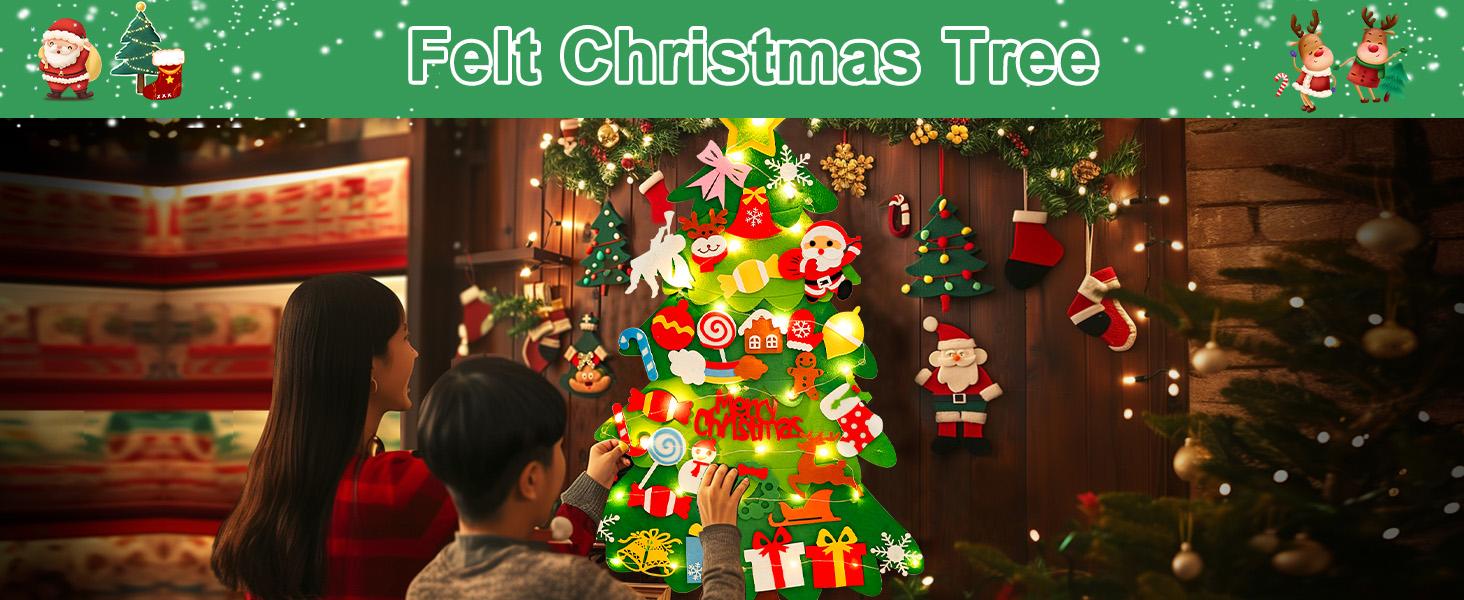 DIY Felt Christmas Tree Kit with 34pcs Detachable Ornaments & 5M LED Lights for Kids - 3.3 FT Wall Hanging Xmas Decorations Craft Kits