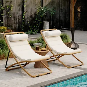 2-Pieces Outdoor Folding Chair, Rattan-Wrapped Patio Chair with Adjustable Backrest, Thick Cushion, and Detachable Headrest ,for the Poolside, Beach, Backyard, Decck, and Camping