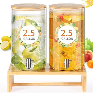2 Pack 2.5 Gallon Glass Drink Dispenser with Stand,  Lid, Stainless Steel Spigot, Leakproof Beverage Dispensers for Parties, Lemonade, Iced , Juice, BBQ & Picnic
