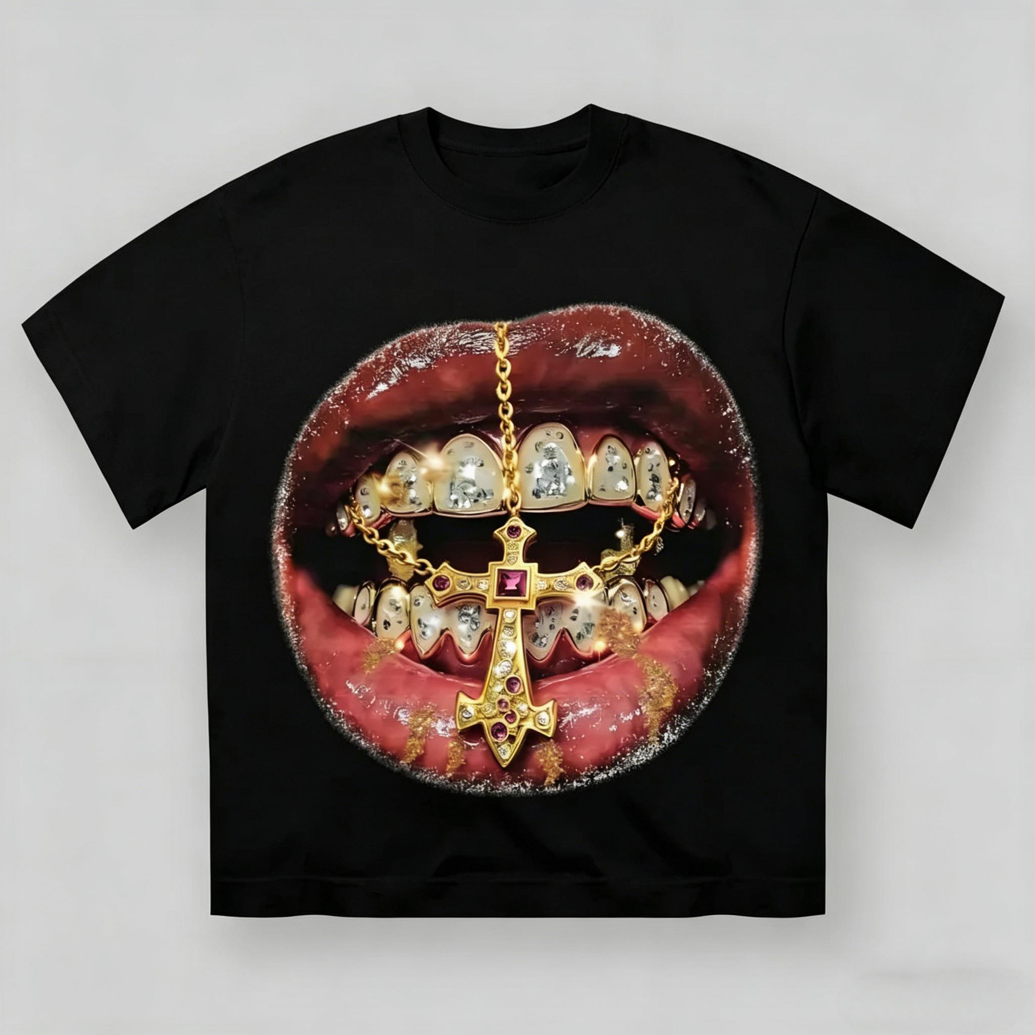 High Quality Gold Cross Diamond Patch Checkered Printed Y2k Black T-shirt Classic Fashion Alternative Aesthetic Breathable Cotton