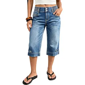 Flamingals Wash Button Tab Elastic Mid Rise Straight Leg Capri Jeans Womenswear Stretchy 17.3" Inseam