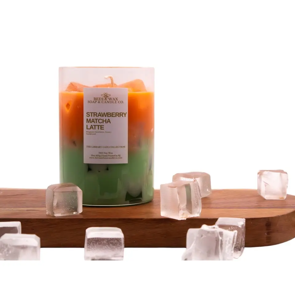 15oz Strawberry Matcha Latte Vanilla-Scented Jar Candle - Handcrafted Floating Ice Soy-Gel Wax, Artisan Home Fragrance for Room Scenting, Realistic Creamy Household Scented Candle Decoration, Scented Candles