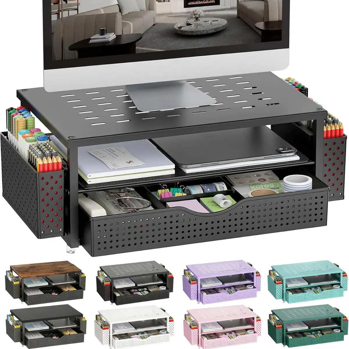 Desk Organizer with Monitor Stand, Drawer and 2 Pen Holders, Desktop Supplies Organizer for Office & Dormitory Computers & Office Equipment