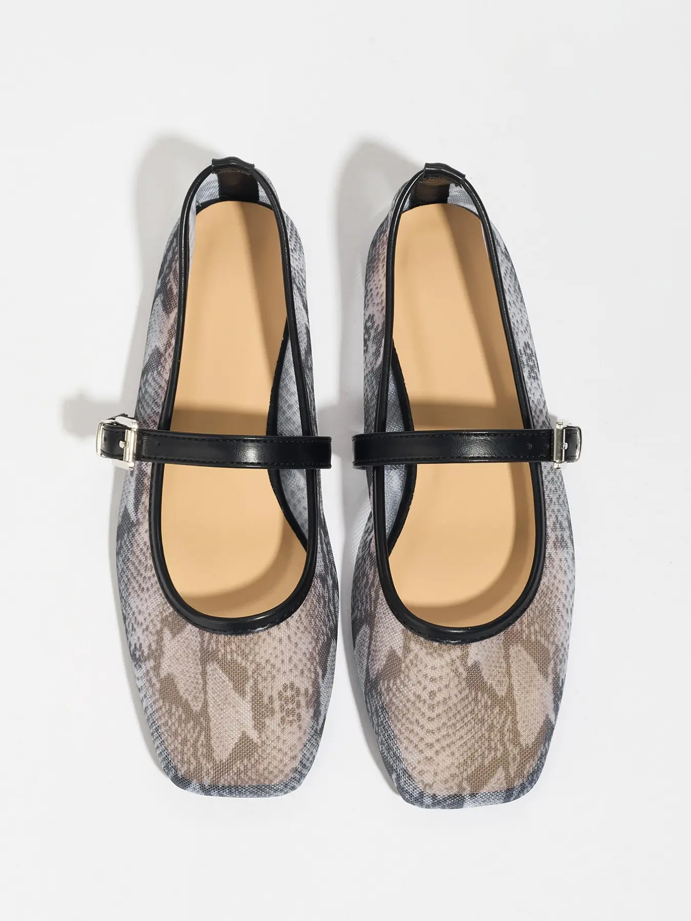 French Vintage Classic Square Toe Mary Jane Shoes for Women, Flat Casual Ballet Flats, Snake Print Mesh Slip-Ons, Adjustable Flats, Textile Upper, Rubber Sole, Walking Shoes, Footwear, Casual Trendy Flat