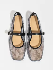 French Vintage Classic Square Toe Mary Jane Shoes for Women, Flat Casual Ballet Flats, Snake Print Mesh Slip-Ons, Textile Upper, Rubber Sole, Walking Shoes