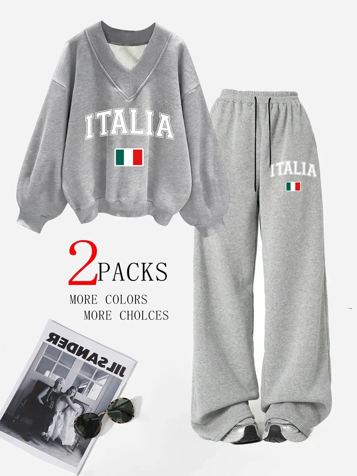 Women's Fall Winter Fashion Hoodie Set, Casual Loose Fit Sweater & Straight Leg Pants, Italian Letter Pattern, Daily Wear, Travel, Camping, Street Style